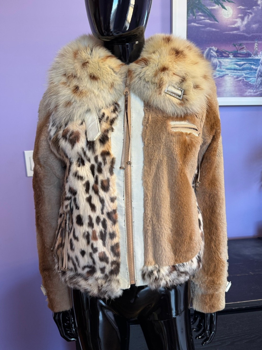 Vintage rabbit sheered leopard print fur coat with luxuries spotted fur collar